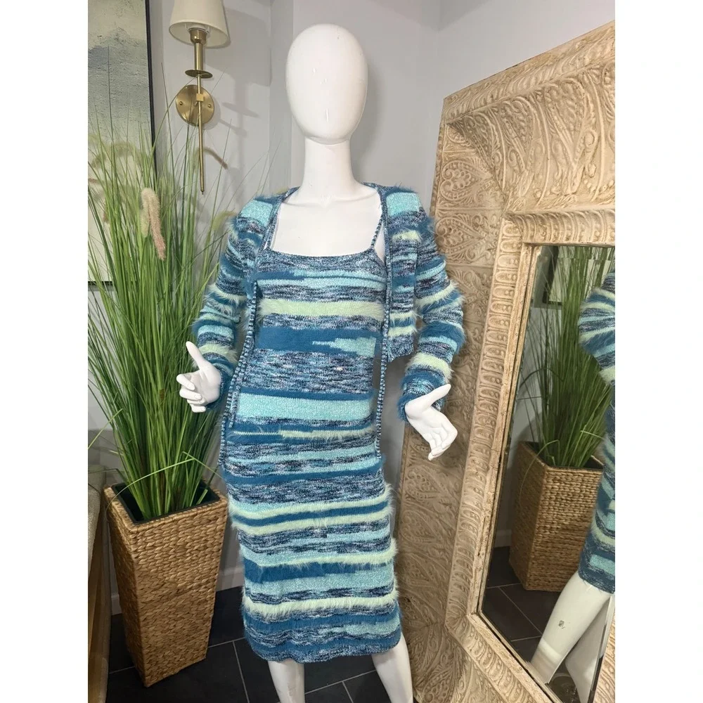 MICAS Blue Feather Detail Striped Knit Midi Dress & Cardigan 2 Piece Set Size L